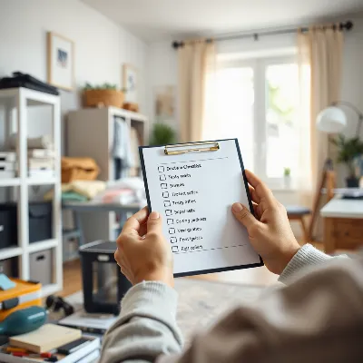 Person organizing items with a decluttering checklist