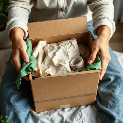 Hands packing a box with eco-friendly materials like paper and reusable wraps