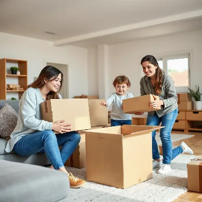 Family unpacking boxes in a bright, new living room